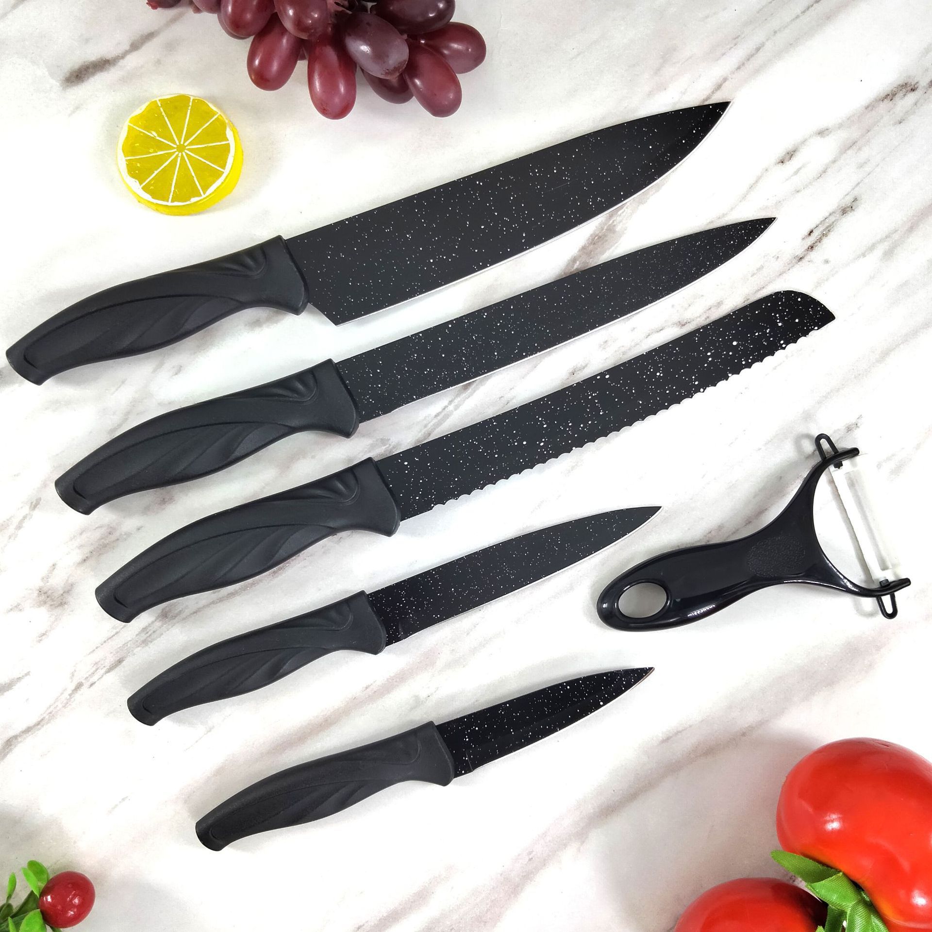 Foreign Trade Non-Stick Spray Paint Knife Tail Handle 6-Piece Knife Black Spray Point Chef Meat Cutter Bread Knife Gift Set Specification drawing