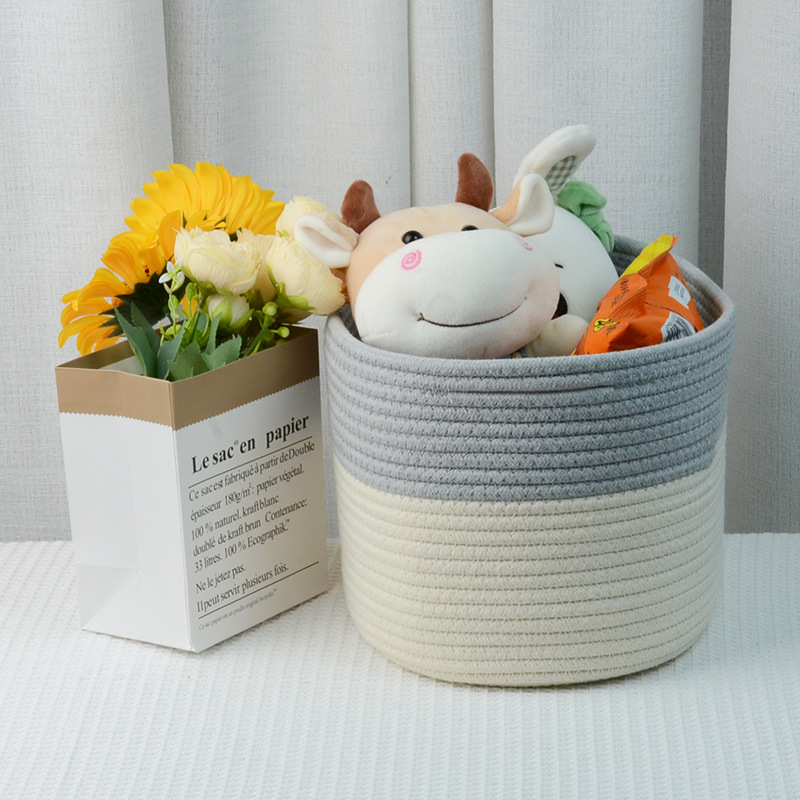 Storage Basket Portable Nordic Wind Cotton Rope Woven Laundry Basket Toy Storage Bucket Handle Basket Desktop Storage Basket Specification drawing