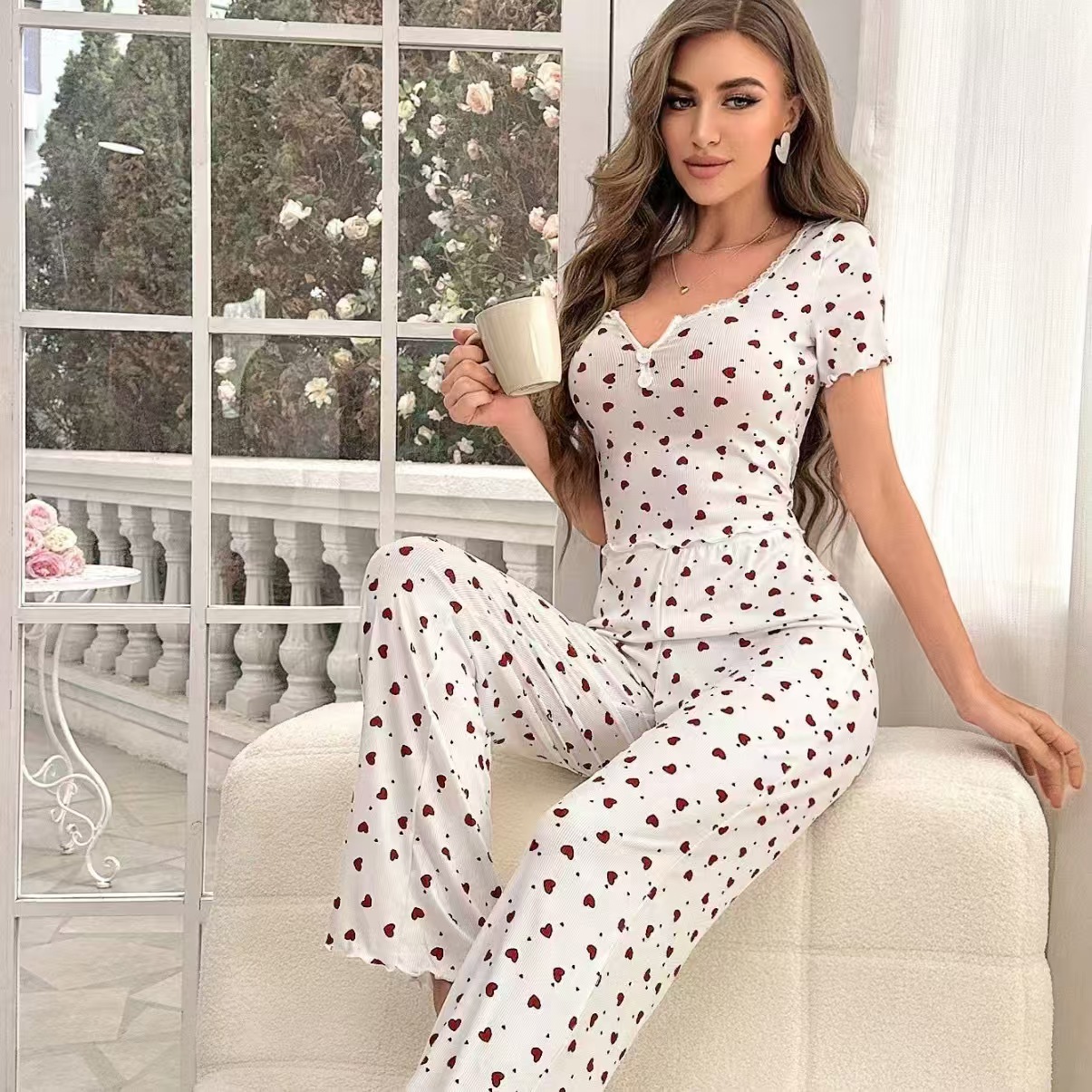 European and American cross-border small heart-shaped printed lapel and button pajama set, long pants, cross-border home wear full figure