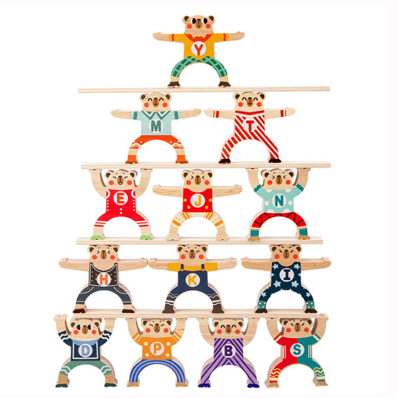 Wooden Strongman Stacking Bear Balance building blocks children's toys parent-child stacking high domino stacking game Item Picture