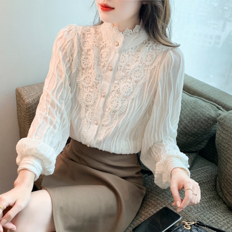 2022 Autumn/Winter new style fleece high-neck lace shirt chiffon shirt top, elegant base layer, fairy Specification image