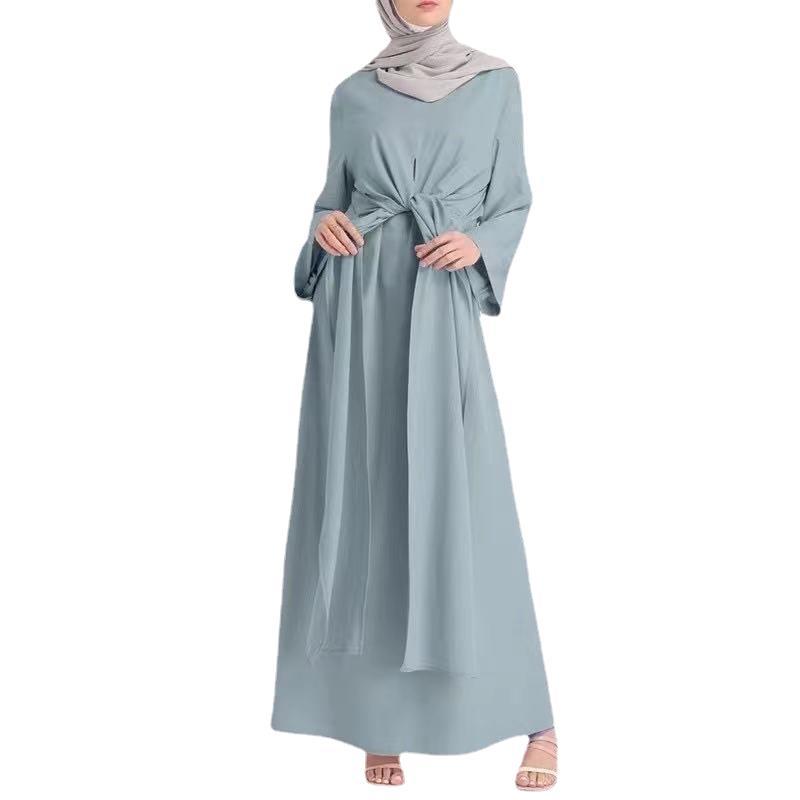 2023中东阿拉伯马来东南亚纯色长款系带束腰穆斯林女装长袍连衣裙详情图5