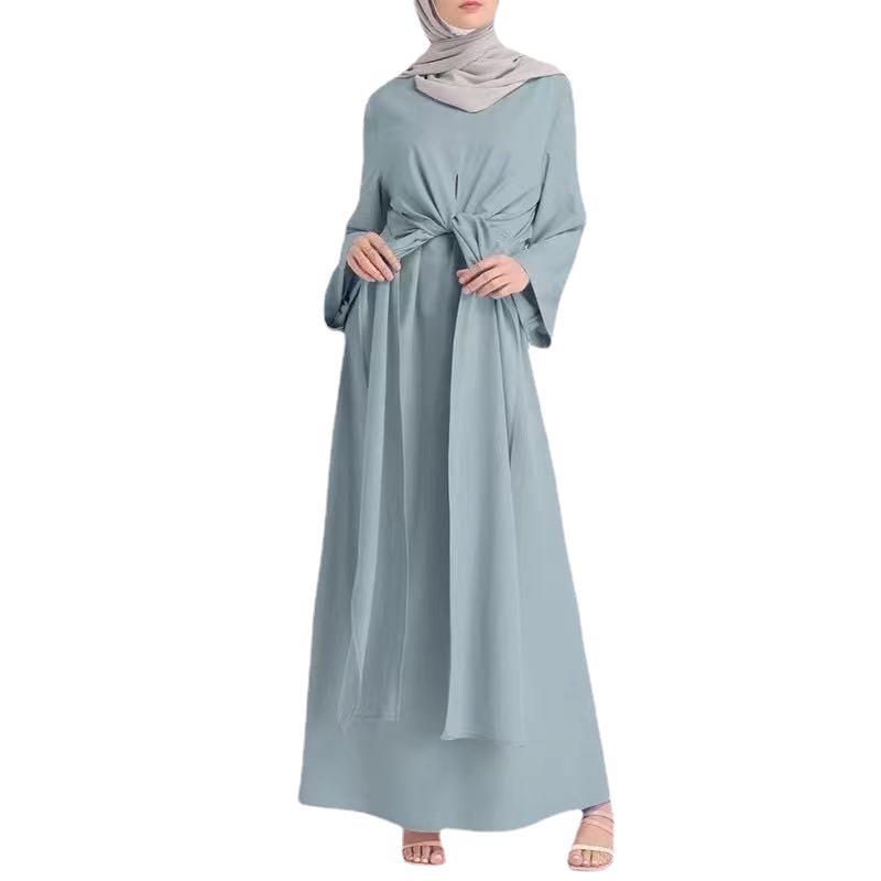 2023 Middle East Arab Malaya Southeast Asia Solid Color Long Lace-Up Waist Muslim Women's Gown Dress Item Picture