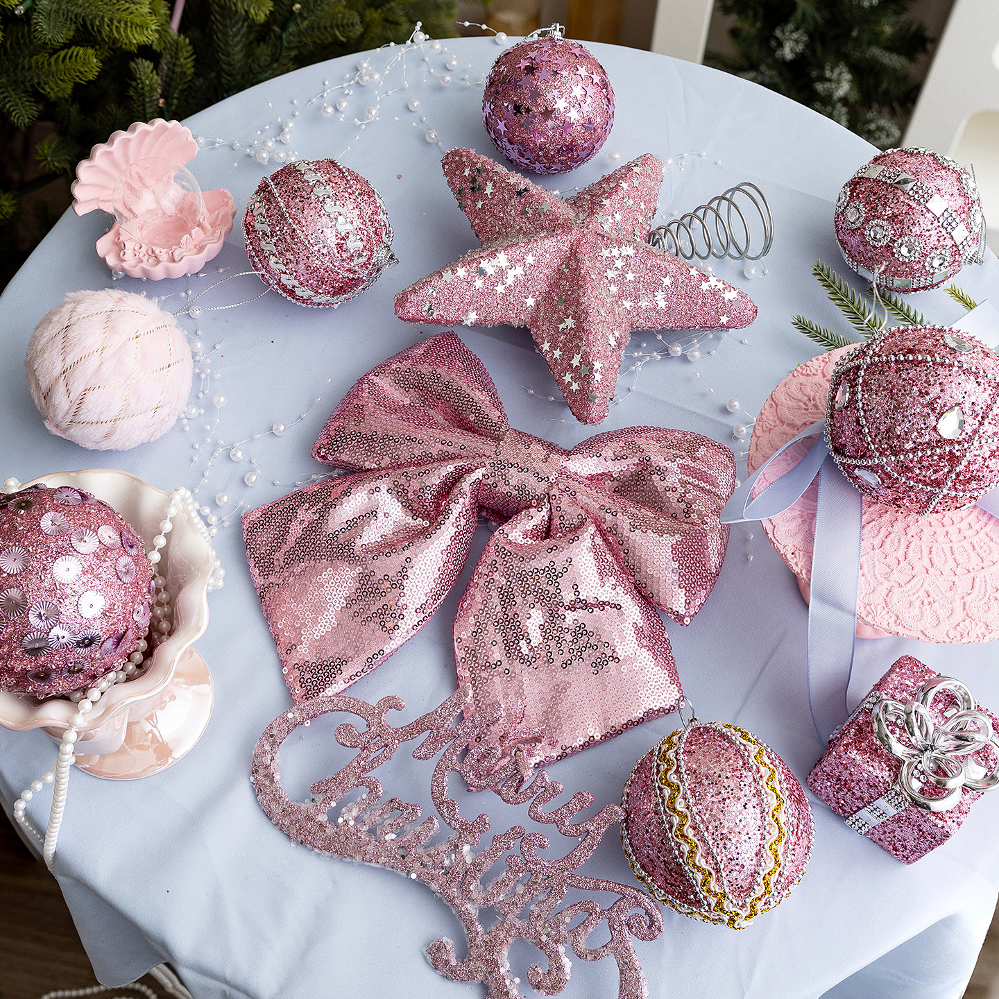 Hot-selling Christmas ball decoration 8CM pink foam ball pendant, Instagram Christmas tree decoration and arrangement pink set hanging ball details Picture
