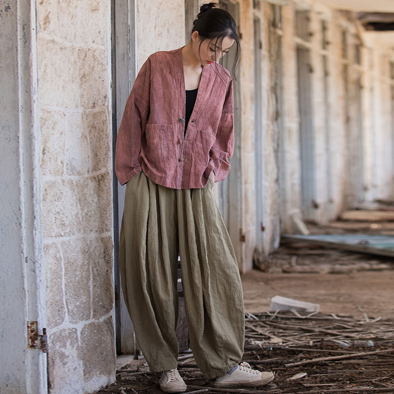 苎麻扎染砂洗做旧上衣25春棉麻女装新品禅修盘扣文艺复古开衫外套