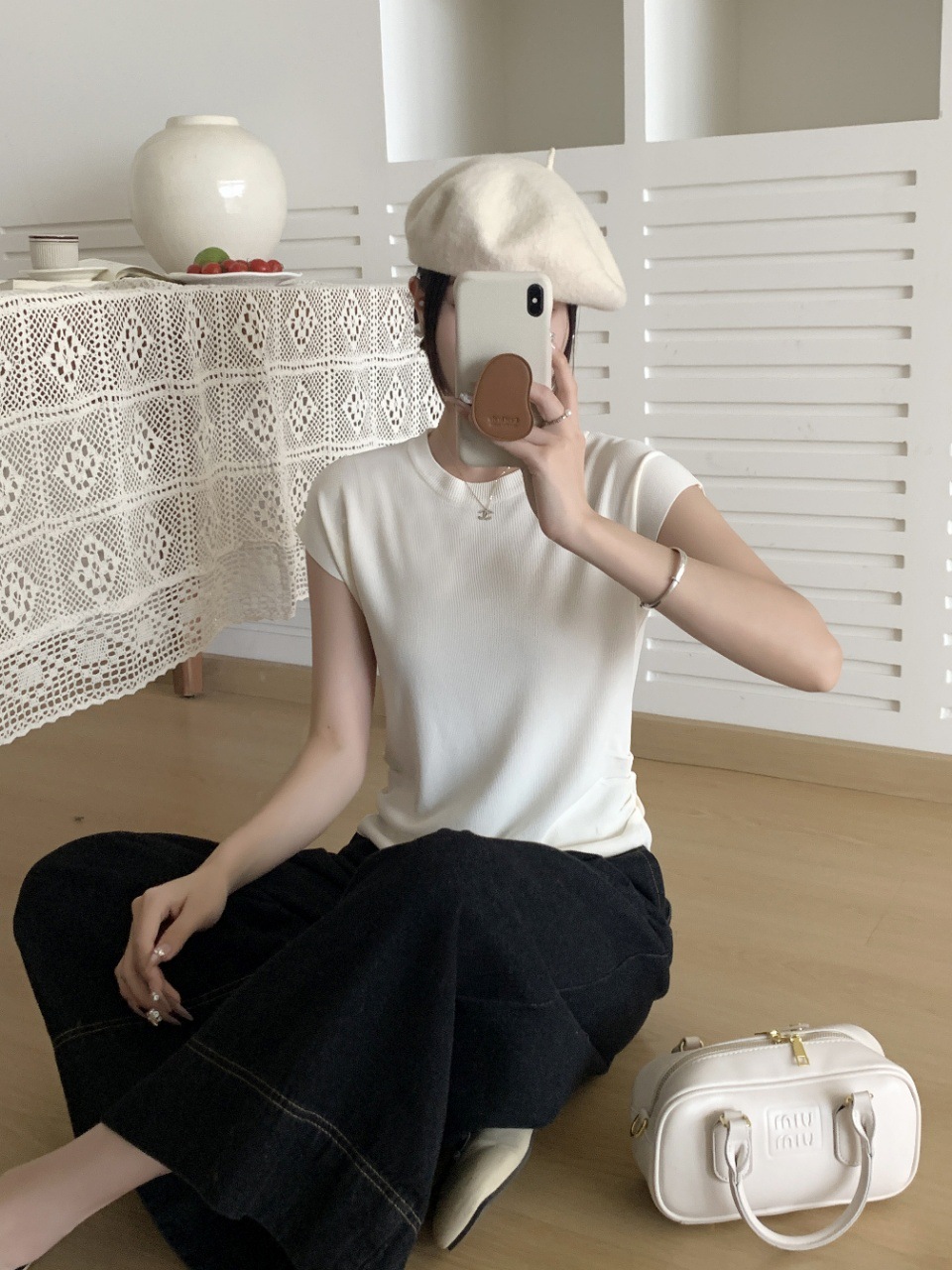 设计感修身显瘦圆领正肩针织衫女装夏季冰丝短袖抽褶纯色百搭上衣详情7