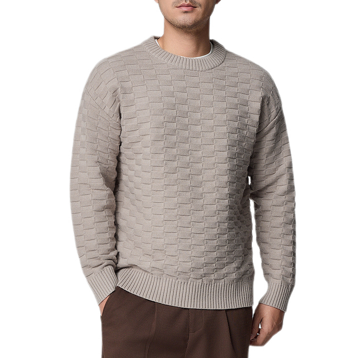 Momeck men's checkered texture knitted sweater for winter 2024, simple solid color men's sweater 21925 Item Picture