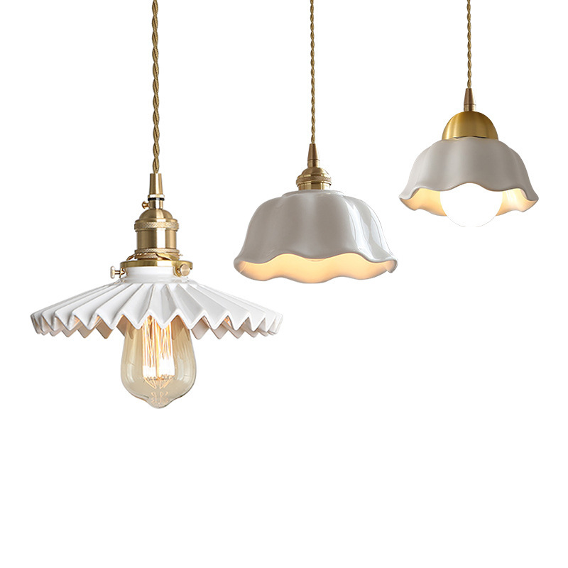 Nordic white pleated ceramic chandelier, Japanese restaurant, guesthouse bar counter, bedside, bedroom, living room, retro all-copper lamp Item Picture