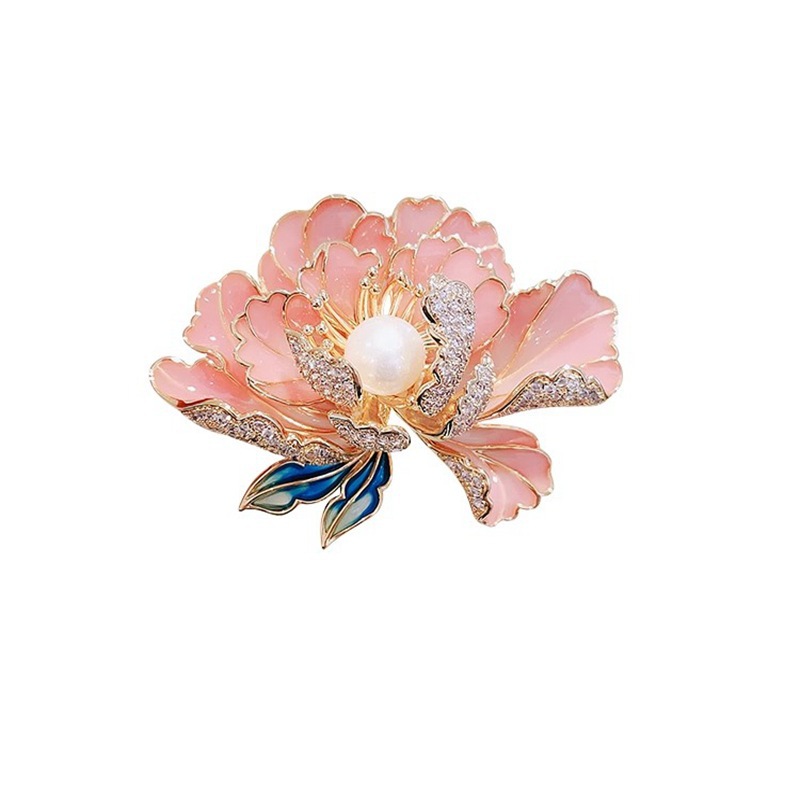 Cross-border Korean version pearl enamel peony flower brooch, women's niche high-end sense brooch, diy high-end suit brooch Item Picture