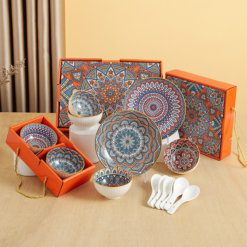 Bohemian-style ceramic bowls, plates, spoons and tableware gift box set event hand-mixed gifts can be printed with LOGO details Picture