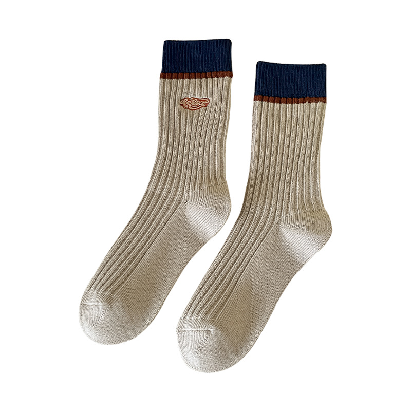 Sock stall, one-piece consignment, mid-calf socks for women, autumn and winter new arrivals, striped embroidered women's socks, retro color-blocking long socks, double-needle women's cotton socks, one-piece consignment Item Picture