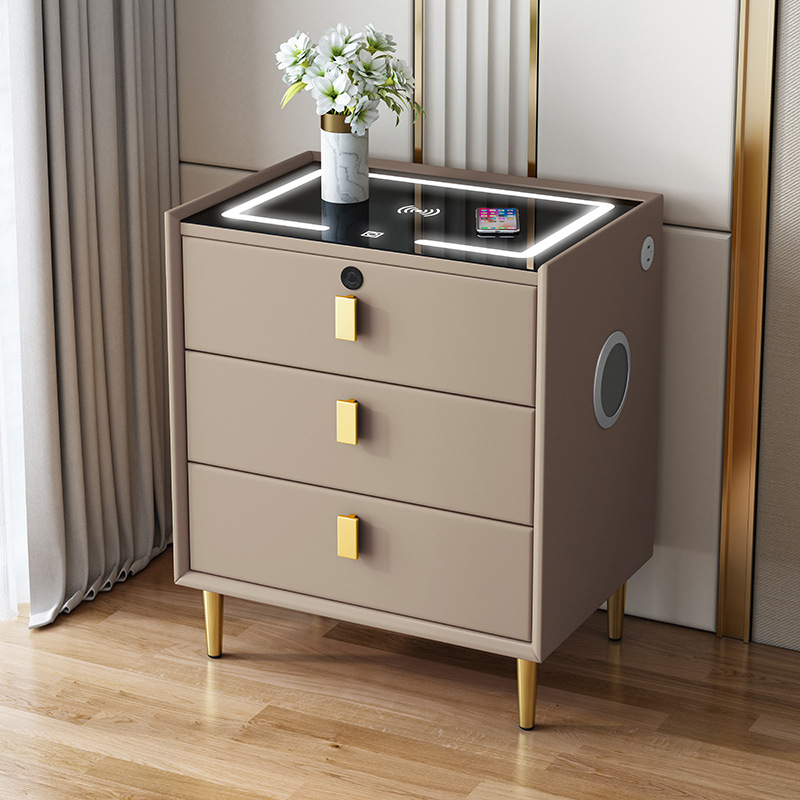 Soft bedside table, smart bedside table with light and sound system, modern and simple cabinet, cream style light luxury solid wood bedside table Specification image