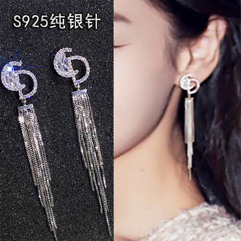 S925银针韩国耳饰流苏长款锆石耳环耳坠批发夏季新娘饰品耳环厂家