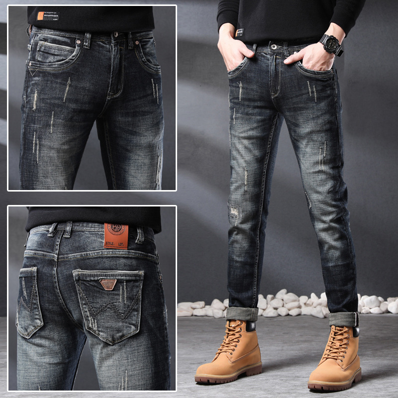 Stylish and retro black ripped jeans, men's trendy brand ripped applied-patterned slimming skinny jeans, men's wear jeans