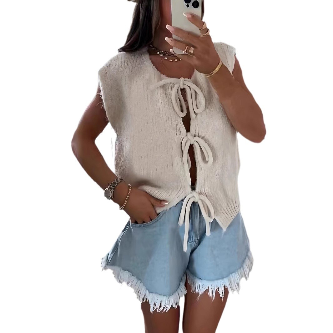 Lace-up knitted vest cardigan 2025 Summer cross-border bestseller Amazon new solid-color vest sleeveless sweater for women Item Picture