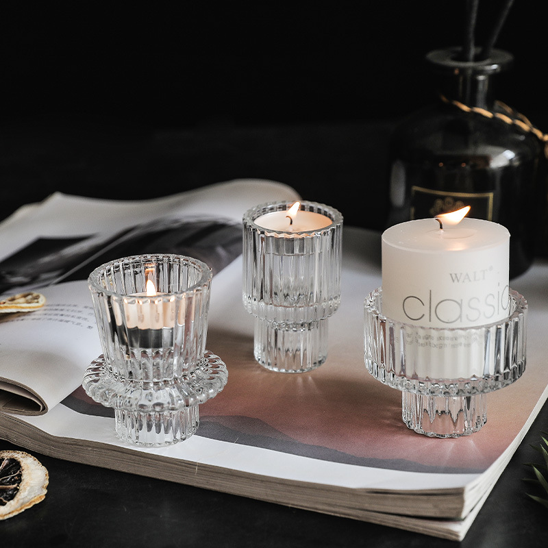 Nordic Vertical Stripes Relief Retro Double Head Glass Candlestick Creative Table Top Romantic Restaurant Table Top Decoration (Price Negotiable) Specification drawing