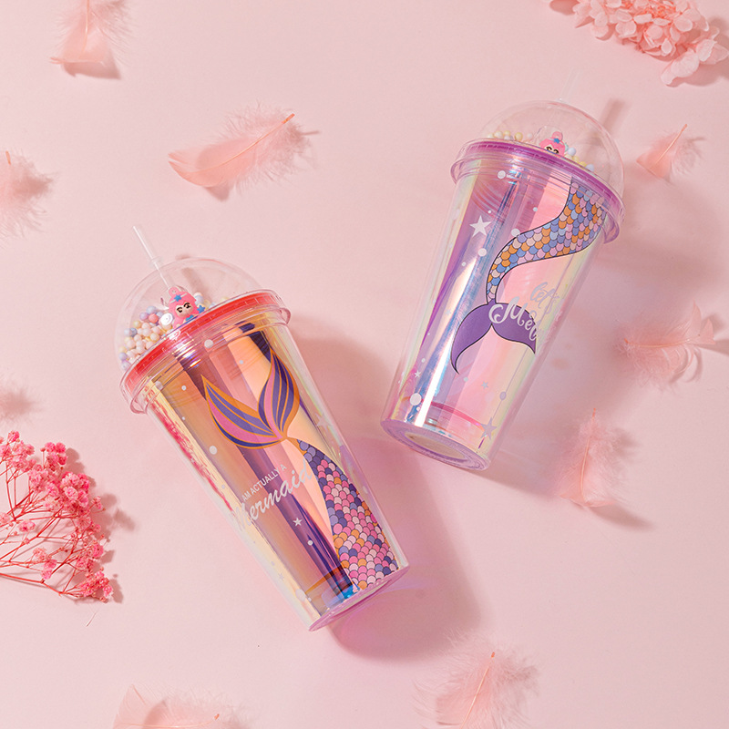 Cross-Border Sales Of Double Plastic Straw Cup Creative Cartoon Mermaid Laser Plastic Cup Net Red Micro Landscape Water Cup details Picture