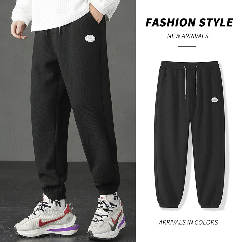 Waffle Plus Fleecy Men's Casual Pants 2022 Autumn Winter Loose Trend Sweatpants Youth Fashion Bunched Feet Sports Sweatpants details Picture