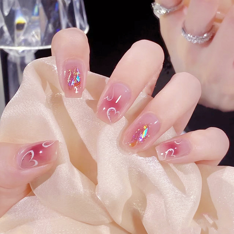 Wear nail art Flash Aurora Diamond Heart Nail art white blush nail art Fake nail paste Wear nail art finished product