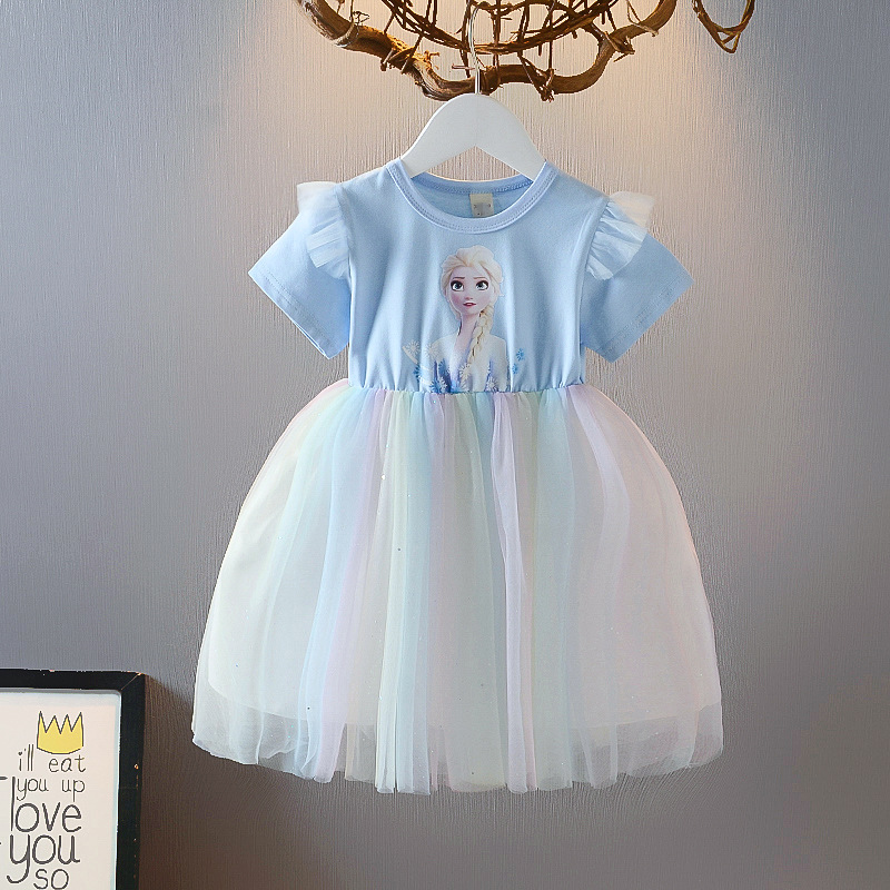 The 2021 summer new children's cartoon dress, rainbow mesh chiffon dress, is now available