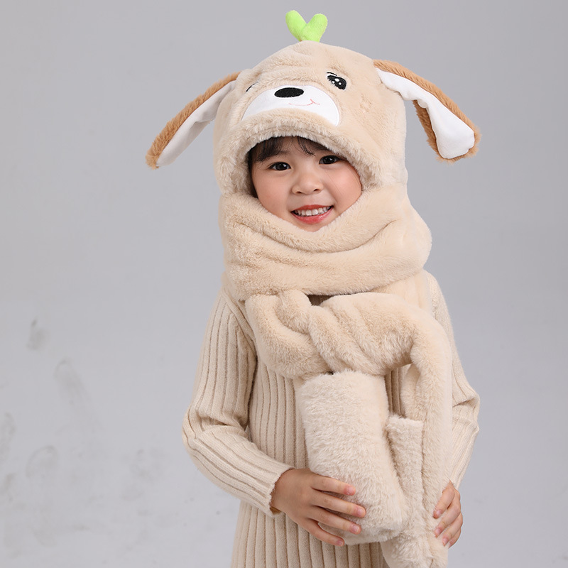 New children's ear-moving woolen hats for men and women, a three-piece set of winter warm cartoon hats, scarves and gloves Specification image