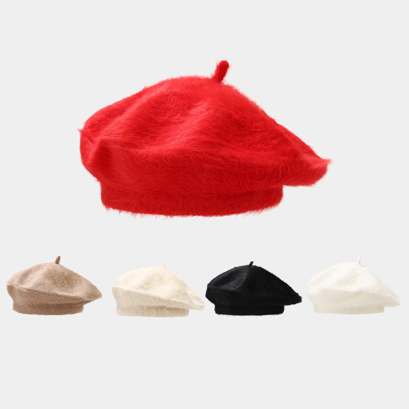 Long rabbit hair knitted beret, trendy female style, European and American artistic retro glossy newspaper boy hat, street trendsetter, Internet celebrity painter hat