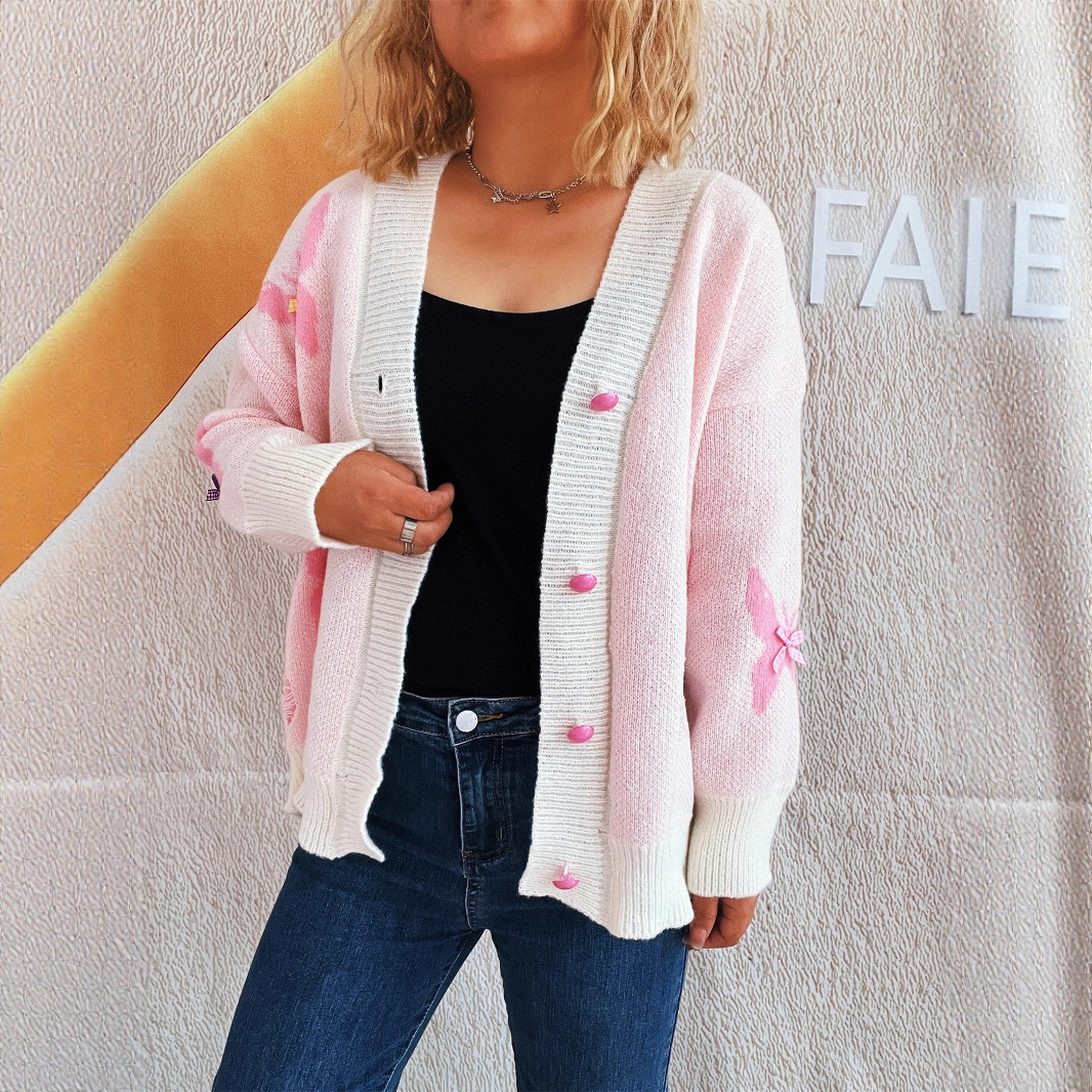 The new autumn and winter collection of cross-border Amazon's casual and fashionable knitted top with a patchwork bow is a charming and sweet cardigan for women details Picture
