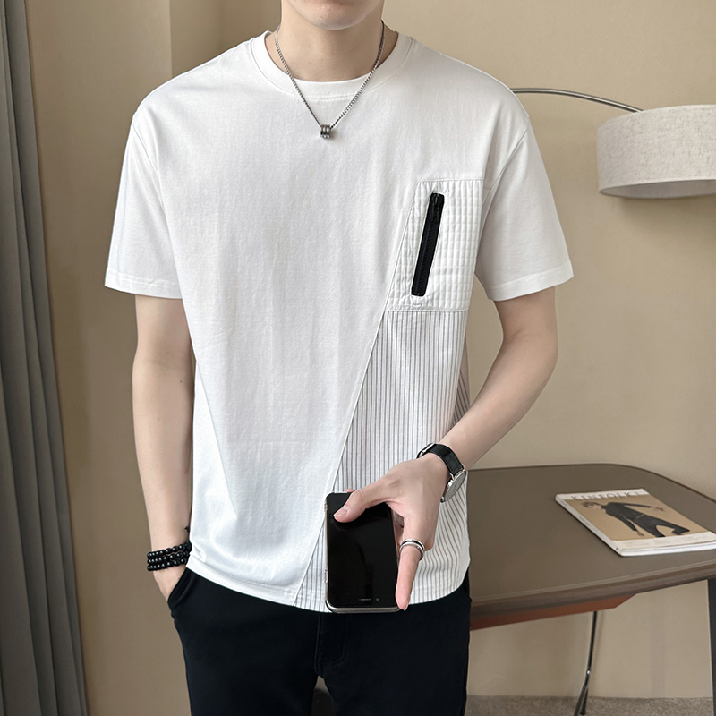 Short-sleeved men's summer T-shirt 2024 new style striped patchwork trendy brand round neck half-sleeved men's top details Picture