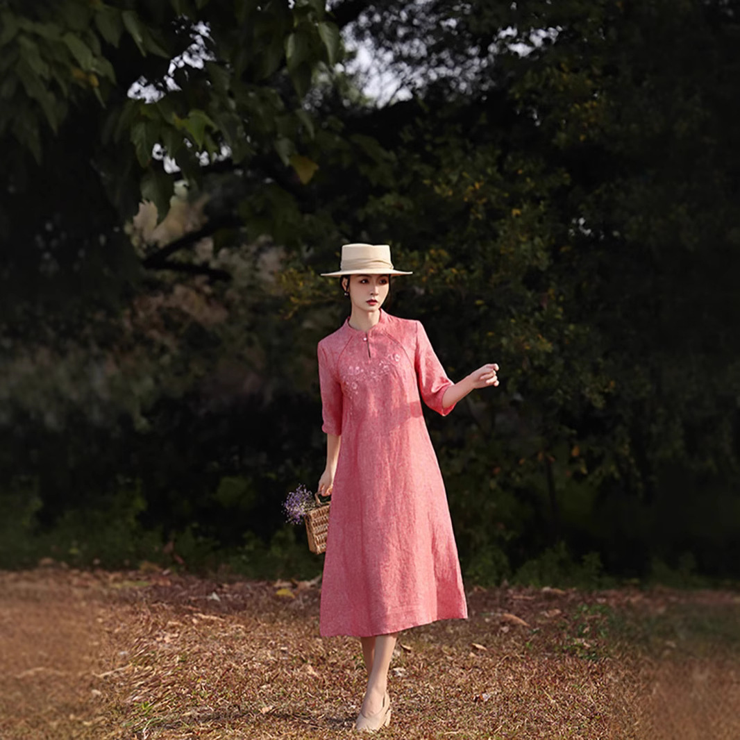 Ramie dress for women 2025 New style, stylish and youthful, seven-quarter sleeve, stand-up collar, button-up improved cheongsam dress, mid-length dress for women Specification image