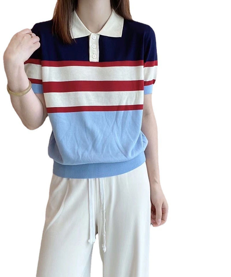 Hielo seda jersey mujer moda viaje lento holgada patchwork color rayas cuello POLO manga corta cuerpo Item Picture