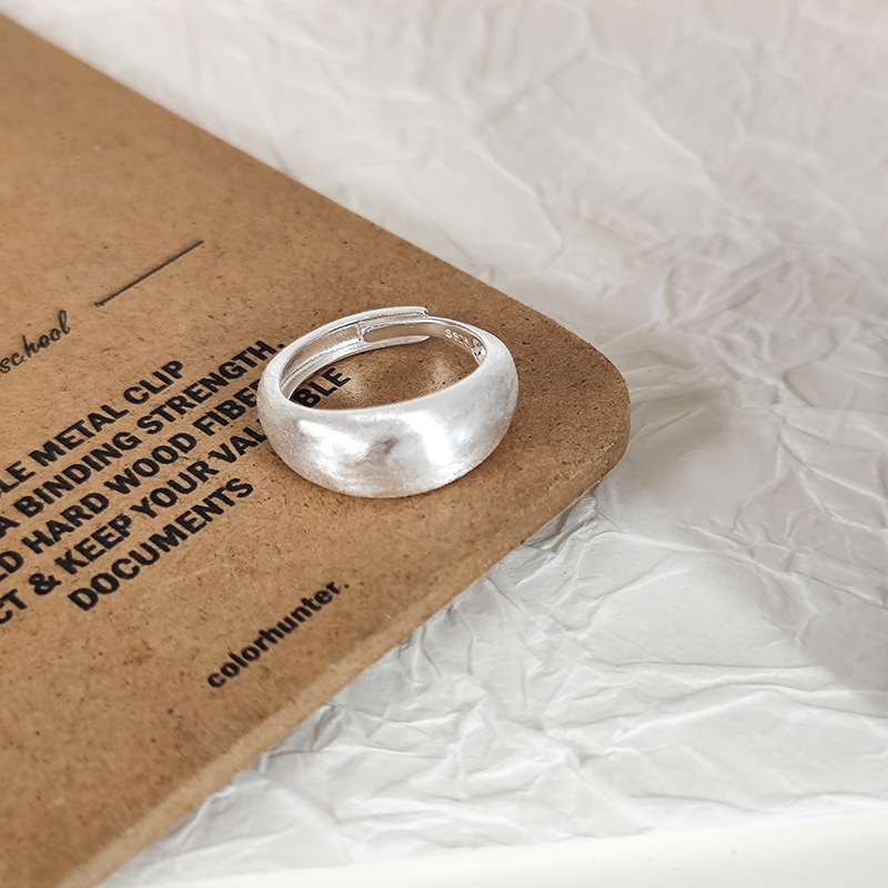 s925 sterling silver brushed frosted ring for women, wide plain bezel, ins minimalist minimalist design, personalized layered ring details Picture