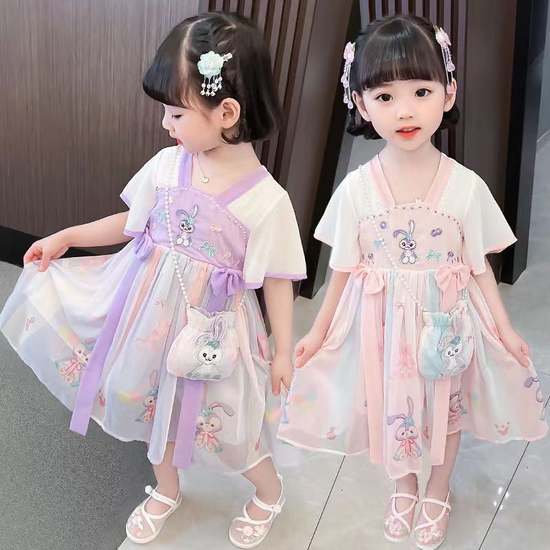 国潮汉服女童2024新款中国风春夏季唐装儿童超仙古装连衣裙古风襦裙