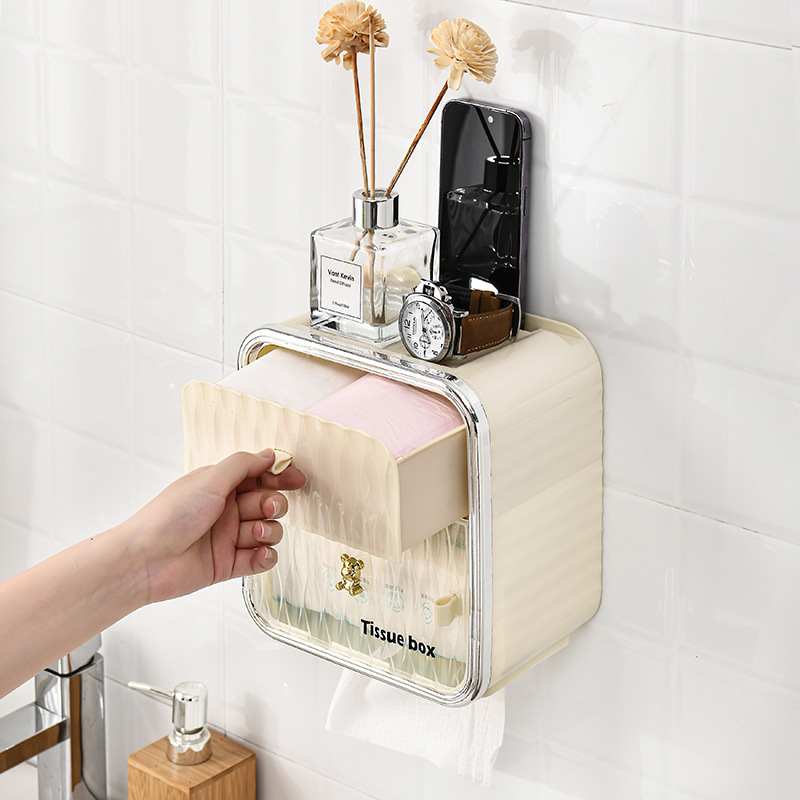 Explosive Bear Wall Hanging Double-Layer Multi-Functional Tissue Box Household Bathroom Dust Free Punching Paper Garbage Bag Storage Box details Picture