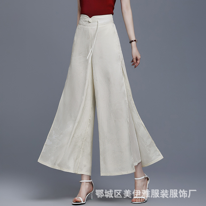 国潮新中式开叉提花冰丝阔腿裤女夏季薄款高腰垂感宽松妈妈休闲裤裙裤国潮