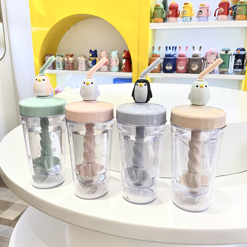 Creative Cartoon Penguin Mixing Cup, High Appearance Level, Plastic Straw Cup, Portable 350Ml, Large Capacity, Handy Cup details Picture