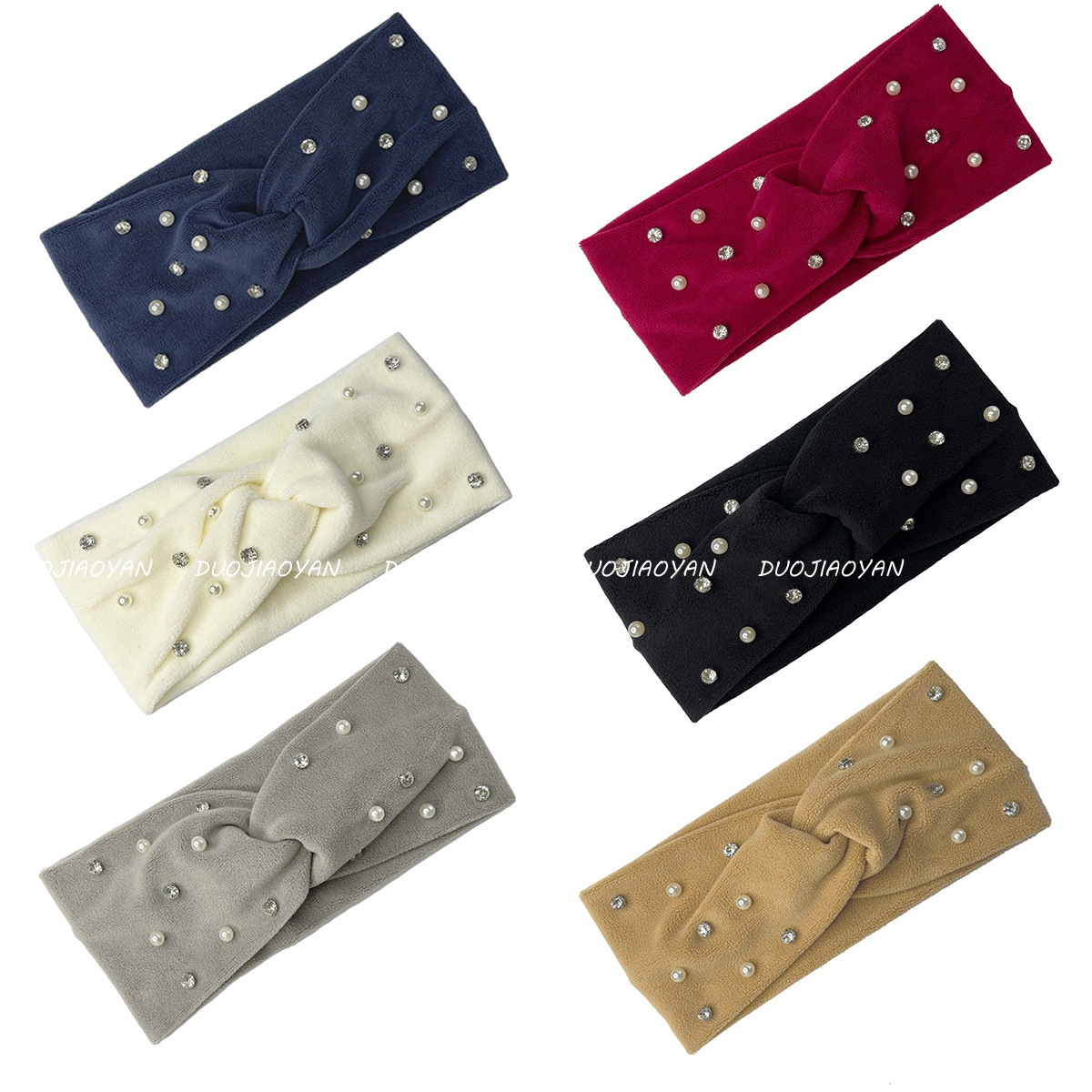 New cross-border autumn and winter solid-color hair band, fashionable beaded cold-proof and warm hair accessory, vintage fleece cross headband for women Specification drawing