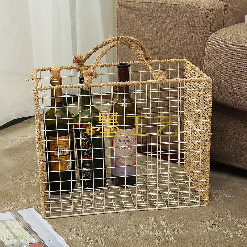 New outdoor picnic hand-held basket, home ironwork hollowed-out paper rope storage basket, snack and book woven storage basket details Picture