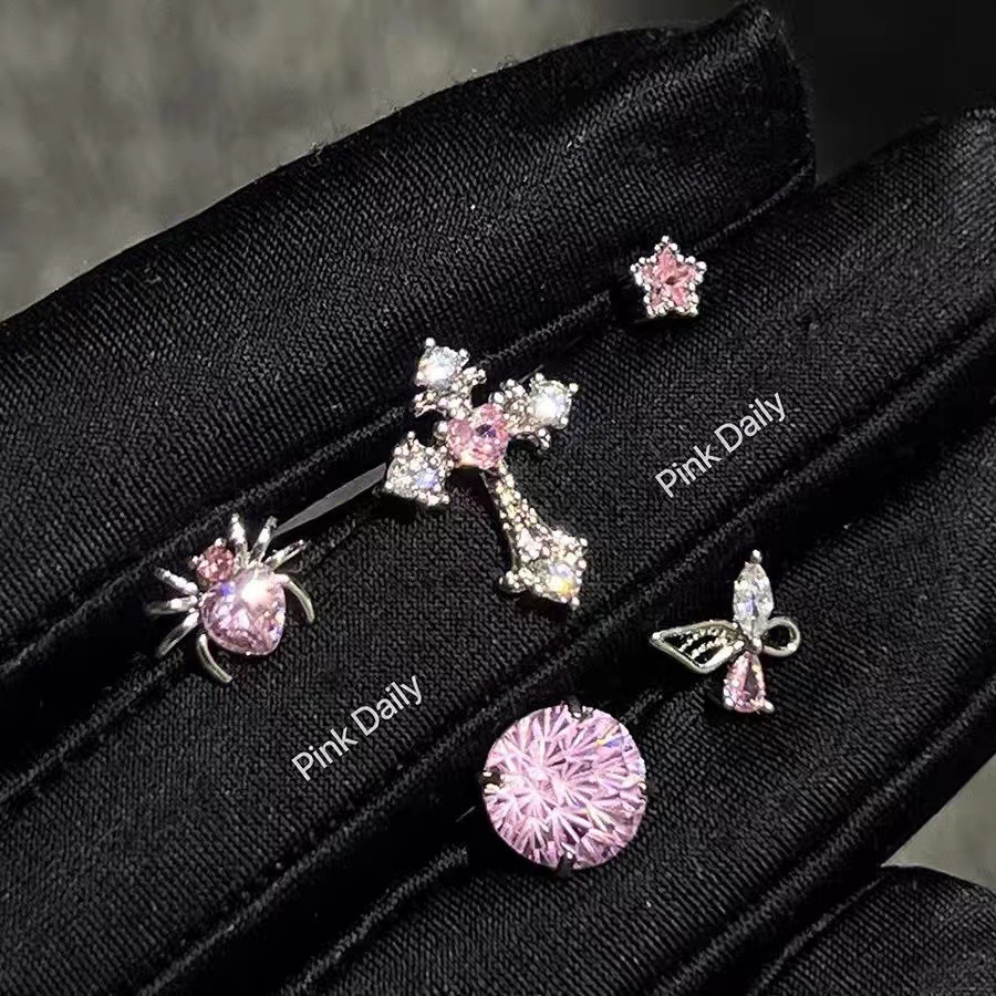 The new pink zircon cross ear bone stud titanium steel screw firework cut cochlear stud butterfly earrings are very stylish Specification image