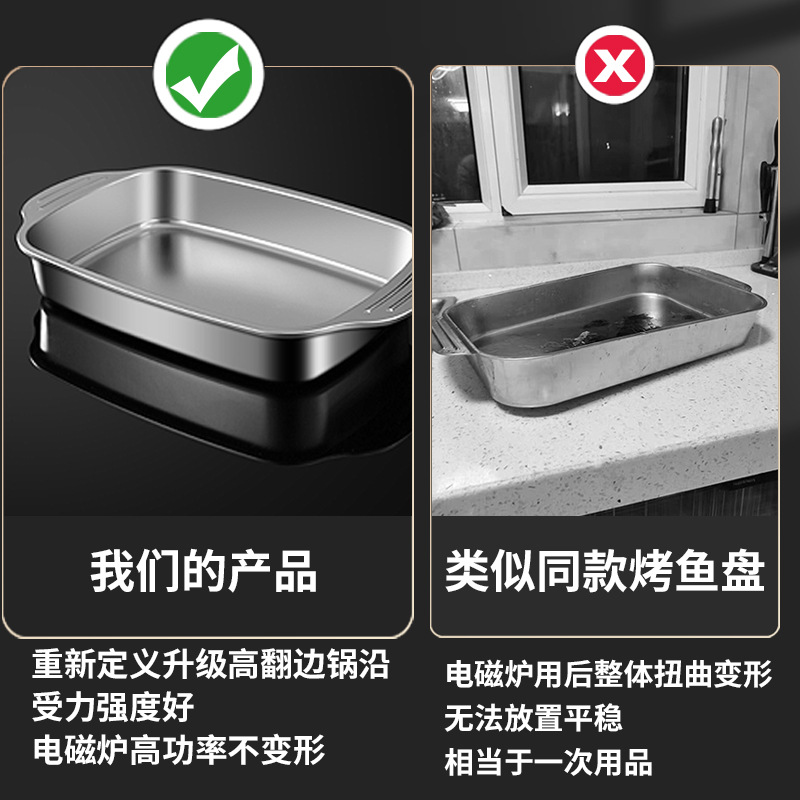 Stainless steel thickened grilled fish plate, induction cooker grill tray, rectangular plate, grilled seafood, crayfish, flat bottom, commercial dish plate details Picture