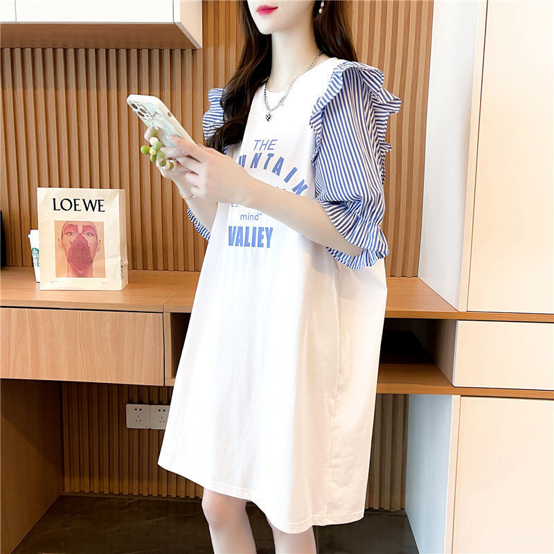小清新减龄条纹荷叶边短袖t恤女夏季2022新款网红甜美大码体恤裙