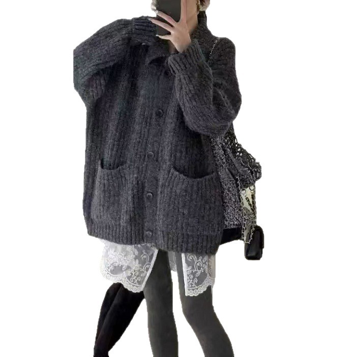 Korean-style laid-back high-neck sweater jacket for women's autumn and winter 2025 new style loose knitted cardigan jacket Item Picture