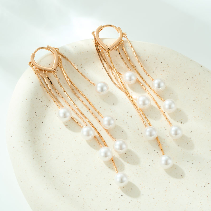 优雅灵动珍珠串长款流苏耳坠时尚高级感铜合金真金电镀精致女耳饰