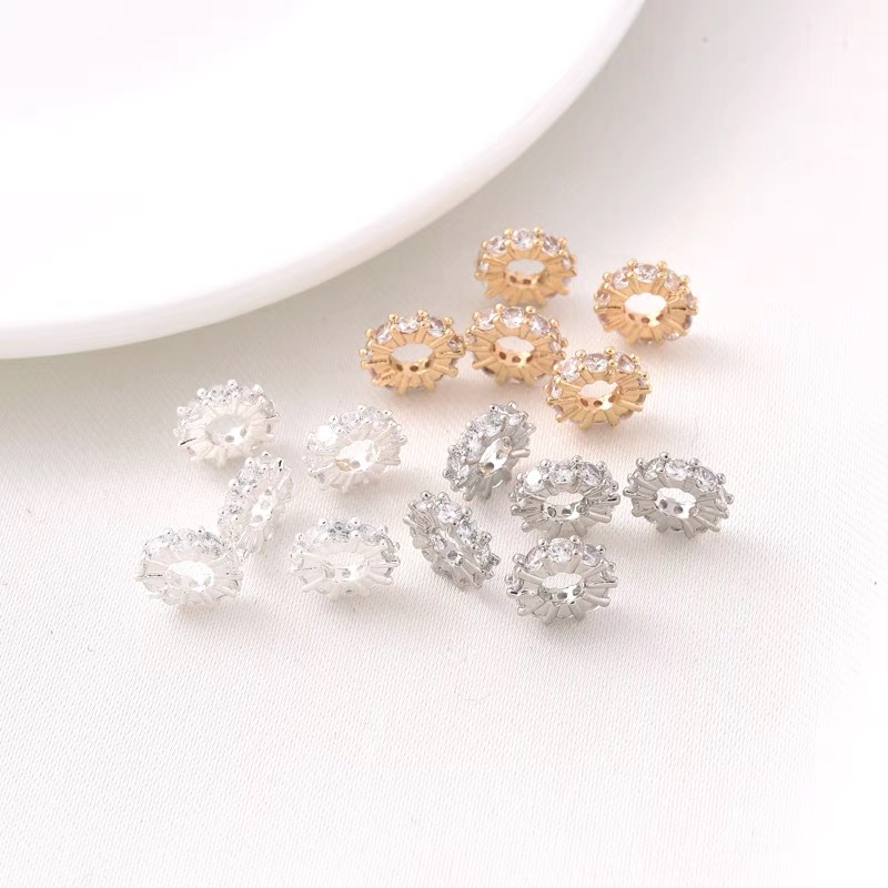 薄款14K包金微镶锆石隔片手工diy手链手串白金色隔珠银色车轮珠