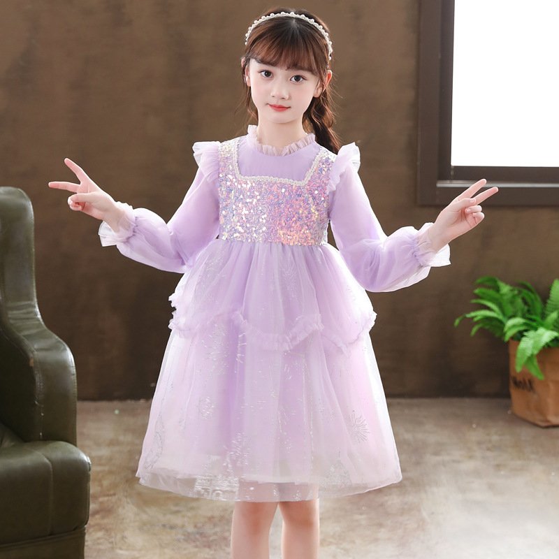 女童苏菲亚公主裙子秋季新款洋气城堡印花纱裙女孩紫色蓬蓬连衣裙