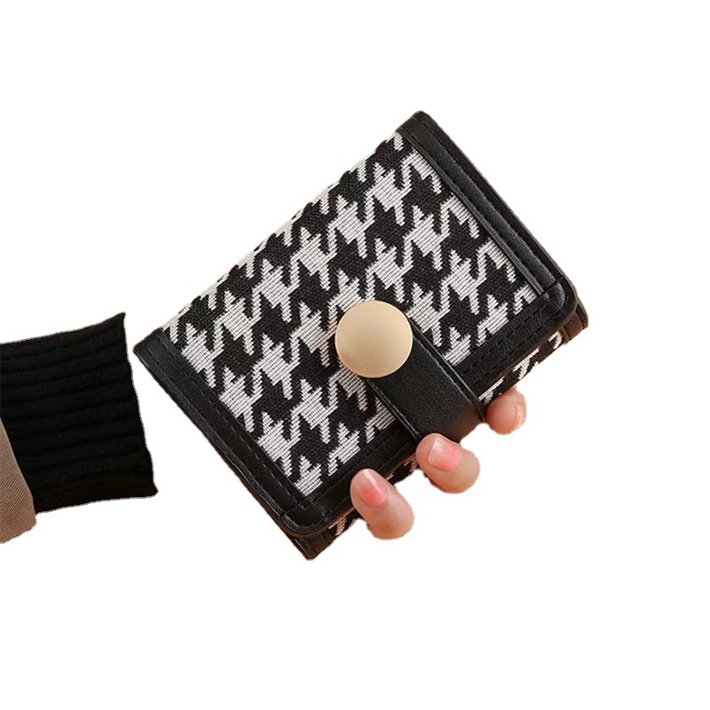 New Fashion Women's Clutch Bag Three Fold Thousand Bird Plaid Canvas Long Coin Purse Classic Retro Multi-Functional Wallet Item Picture