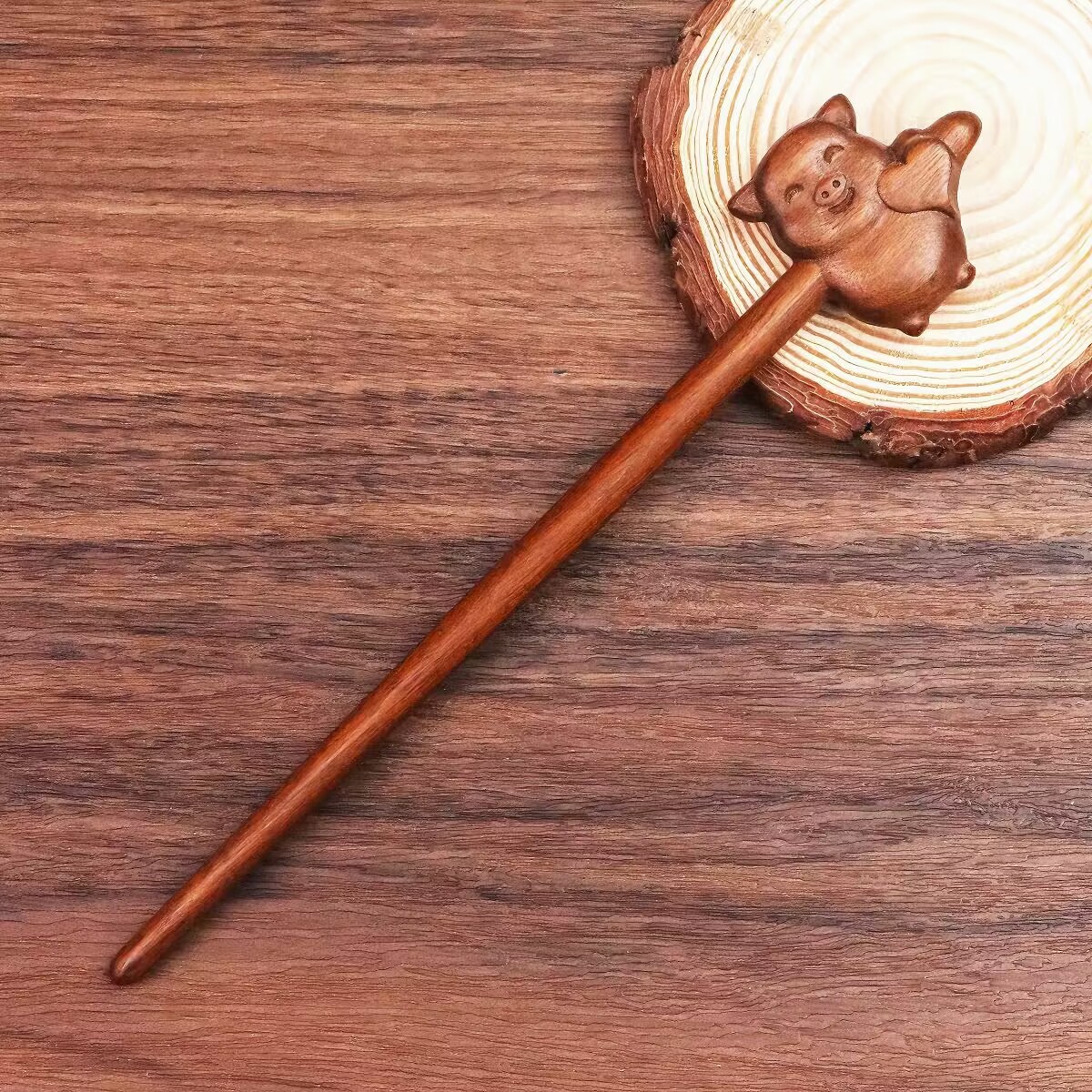 New Chinese-style hairpins, retro heart-shaped little pig sandalwood hairpins, niche style, ancient-style hairpins and hair accessories, carved plates, hair wood hairpins Specification image