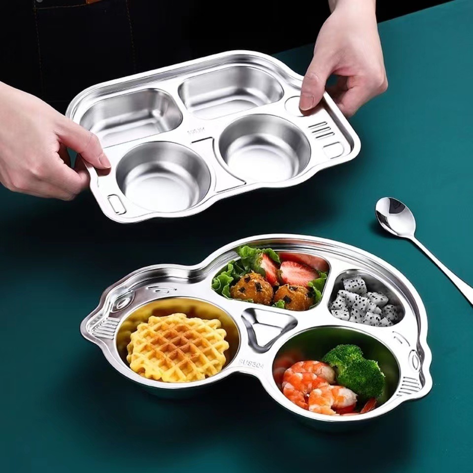304 Stainless Steel Plate Kindergarten Special Dinner Plate Children's Baby Cartoon Tableware Divided Into Three Grid Plate Four Grid Specification drawing
