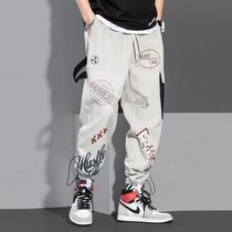 Spring clothes alphabet graffiti print overalls men's loose straight student couple casual pants ins drawstring drawstring foot pants