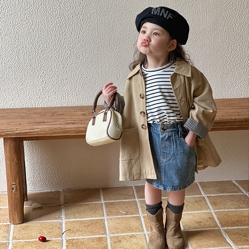 Girls' British long windbreaker, children's spring and autumn style 2025, baby girls' autumn coat, retro British style details Picture