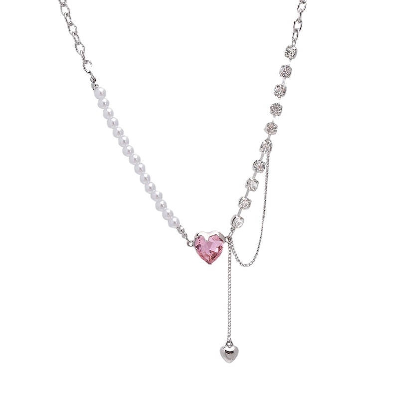 Fresh, sweet and pure, heart-shaped necklace for women, light luxury and niche design sense, zircon pearl collarbone chain wholesale for women Item Picture